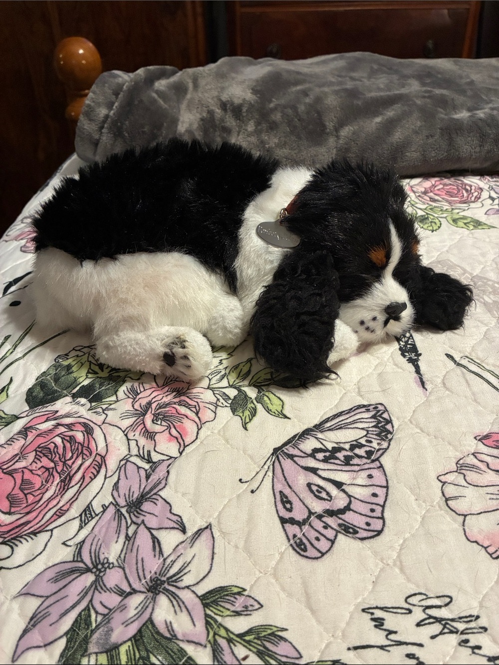 Plush Sleeping Spaniel Decorative Dog  - Black and White